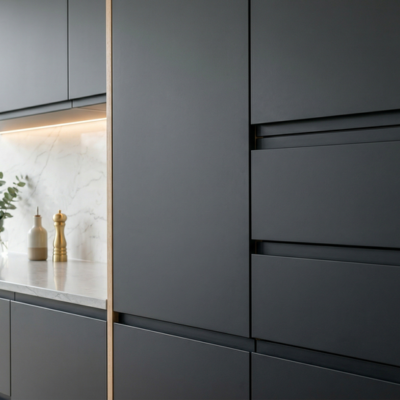 Fronty Super-Mat Anti-Fingerprint do kuchni na wymiar: niski połysk, mniej odcisków na ciemnych dekorach; HPL/CPL/melamina lub lakier.