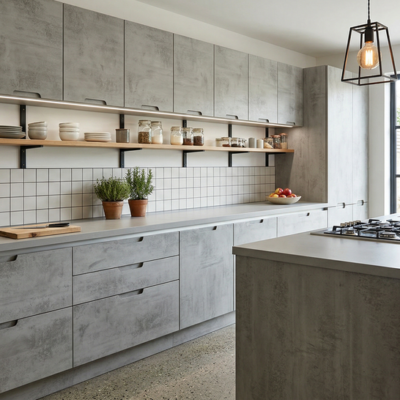 Fronty w stylu betonu do kuchni na wymiar: HPL, laminat lub MDF z powłoką mineralną; trwałość zależy od obrzeży, okuć i montażu.