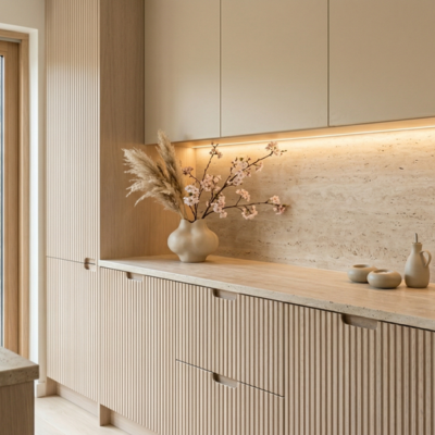 Fronty mebli na wymiar w dekorze drewna: dobór laminatu lub MDF do kuchni, forniru do stref reprezentacyjnych oraz światło 2700–3000K.