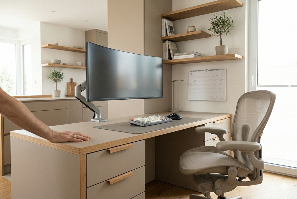 Meble biurowe na wymiar poprawiają ergonomię: blat 70–80 cm (do 85 cm), prześwit 60 cm szer. i 65–70 cm wys., przepusty i kanał kablowy.